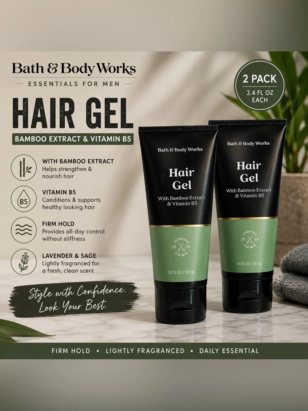 Bath & Body Works Essentials for Men Hair Gel with Bamboo Extract, 2 pack, New